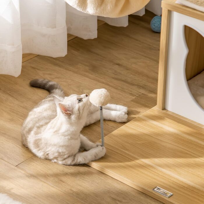 Дерев'яний кігтеточка для котів PawHut з будиночком та платформою, 126 см, з сизалю та коротким плюшем, бежевий