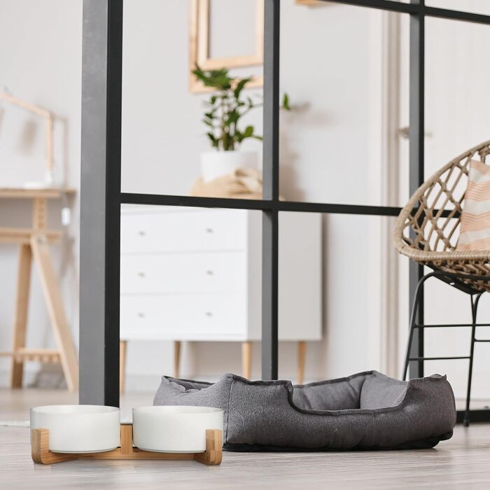 Миска для собак Relaxdays з кераміки, 850 мл, для корму та води, з бамбуковим каркасом, біла