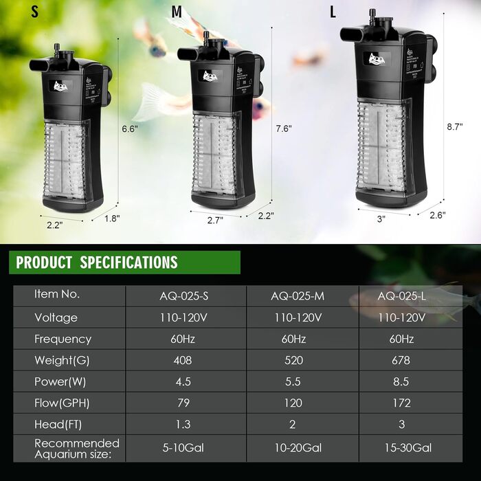 Фільтр для акваріума AQQA, внутрішній, 8.5W, 300л/год, для акваріумів до 120л