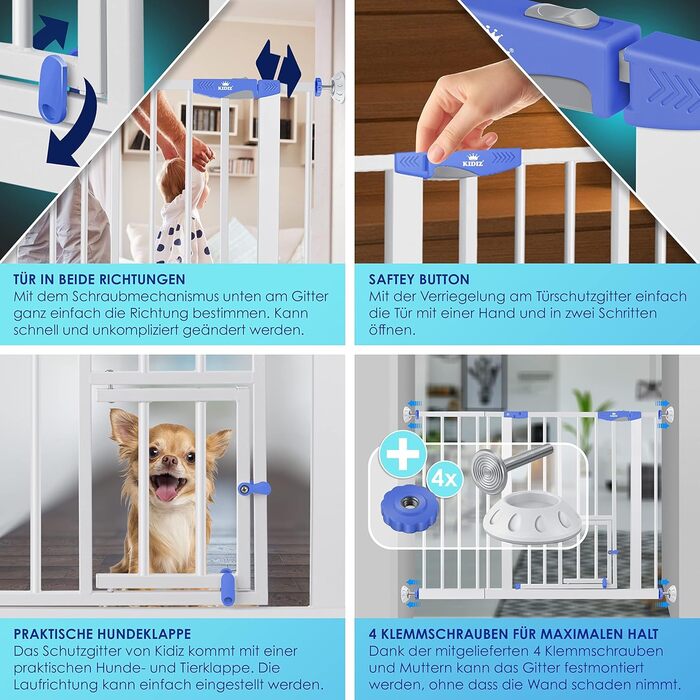 Захисне ворота KIDIZ® для дітей та домашніх тварин: безпечне огорожа для сходів, розширюване, без свердління, синього кольору (102-115 см)