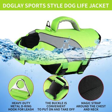 Жилет для плавання собак Doglay, регульований та світловідбиваючий, для плавання та катання на човні, висока плавучість, безпечний жилет з ручками для рятування та D-подібним кільцем, середнього розміру, флуоресцентний зелений та сірий