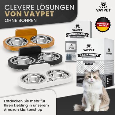 Підвищений годівниця для котів VAYPET® з силіконовим клеєм для кріплення на стіну без свердління. Плавучий годівниця для котів для зручного положення. Надійний годівниця з нержавіючої сталі білого кольору.