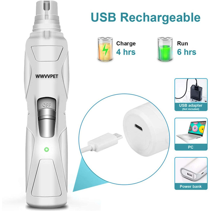 Електричний точило для кігтів собак та котів з LED-підсвічуванням та 2 колесами, безшумний точило для кігтів, білий