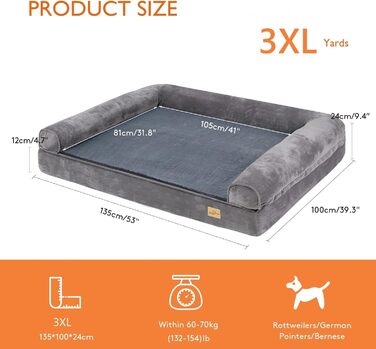 Ортопедичне ліжко для собак BingoPaw XXXL, 2 в 1, знімне, велике, сіре, 135x100x12 см
