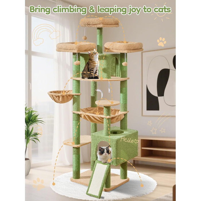 Кігтеточка для котів Taoqimiao 193 см, велика, XXL, з будиночками, гамаком, кошиком та 7 стовпчиками для заточування кігтів, сірий/зелений (MS047G)
