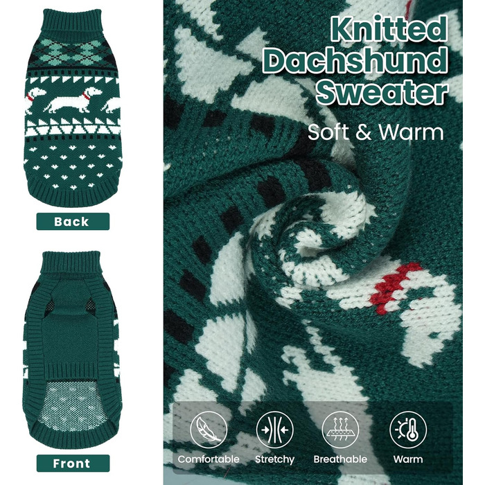 Пуловер для собак Лелепет для такс, в'язаний пуловер з малюнком такси, теплий пуловер з високим коміром, зимовий пуловер для великих собак, зелений XL
