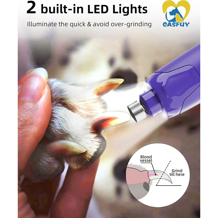 Електричний точилка для кігтів собак Casfuy - 6 режимів, 45 dB, з LED-підсвічуванням, для собак та котів великих, середніх та малих порід, фіолетовий