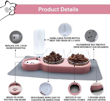 Набір мисок для котів та собак з диспенсером води, килимомком та лопаткою. Нахил 15°, миски для вологого та сухого корму, рожевий колір