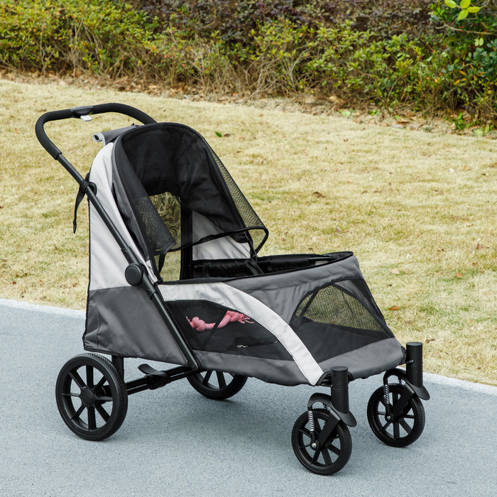 PawHut Dog Stroller Dog Buggy Foldable для великих собак і кішок до 30 кг Cat Buggy з подушками Сітка Вікна Двері Сумка для зберігання Котяча коляска з тросами безпеки, гальмами, баггі Темно-сірий | Аосом