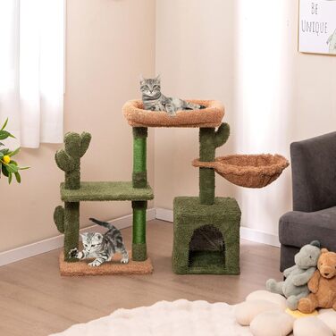 Драбина-кіготник для котів COSTWAY Kaktus: платформа, корзина, 2 котячі будиночки, сизаль, дерево, 81 см