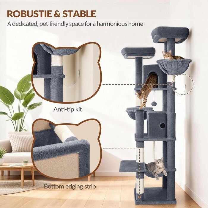 Драбина-кіготь для котів Kratzbaum Groß 216 см, XXL, стабільна з краш-стовпцями, 2 затишні будиночки, 2 платформи, 2 кошики, гамак, для дому, FPMS007FG1 (50x40x175 см, темно-сірий)