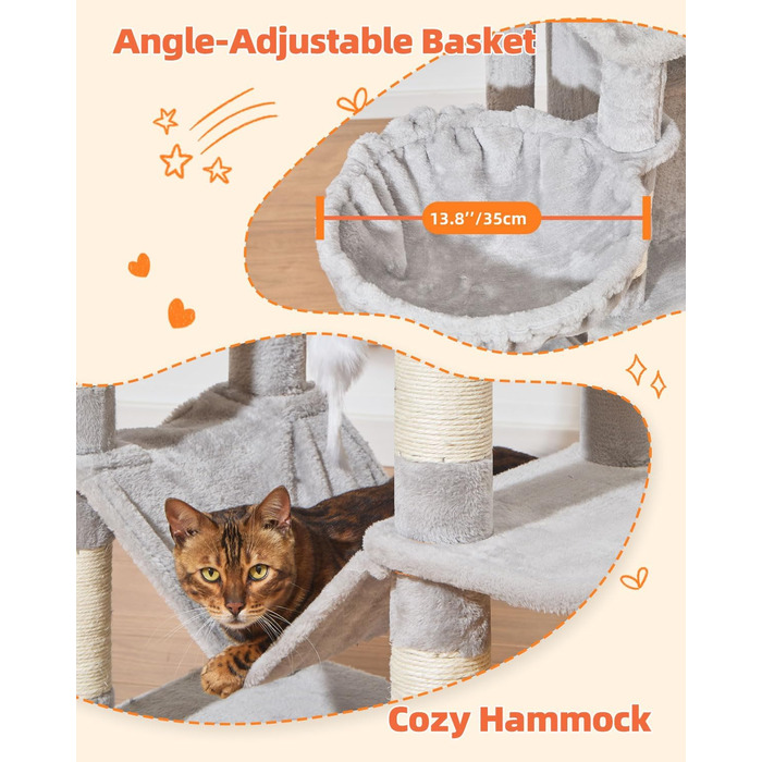 Дерево для котів Taoqimiao 170 см, велике, з будиночками, гамаком, корзиною, 8 стовпчиками для шліфування, 2 платформами, сірий MS013W