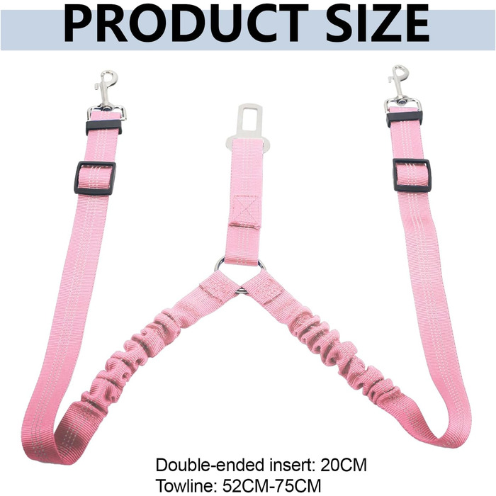 Ремінь безпеки для собак у машину, подвійний, еластичний, регульований, з амортизатором та карабіном для маленьких та середніх собак (рожевий)
