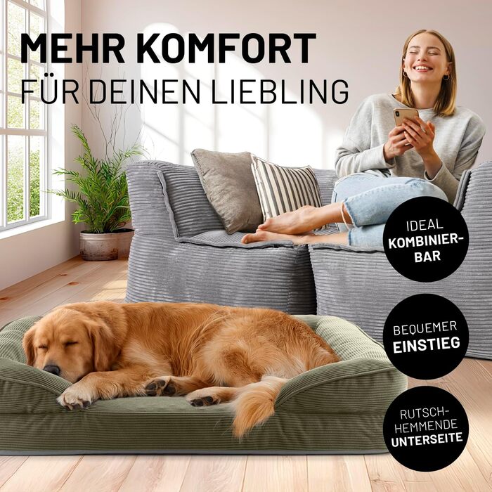 Ортопедичне ліжко для собак Lumaland з корду | Ергономічне собаче ліжко-софа 110x75 см - для великих собак | Нековзне дно | Зручна вага та знімне прання | Собаче ліжко-кошик з Memory Foam Cord - Оливковий 110 x 75 см - L