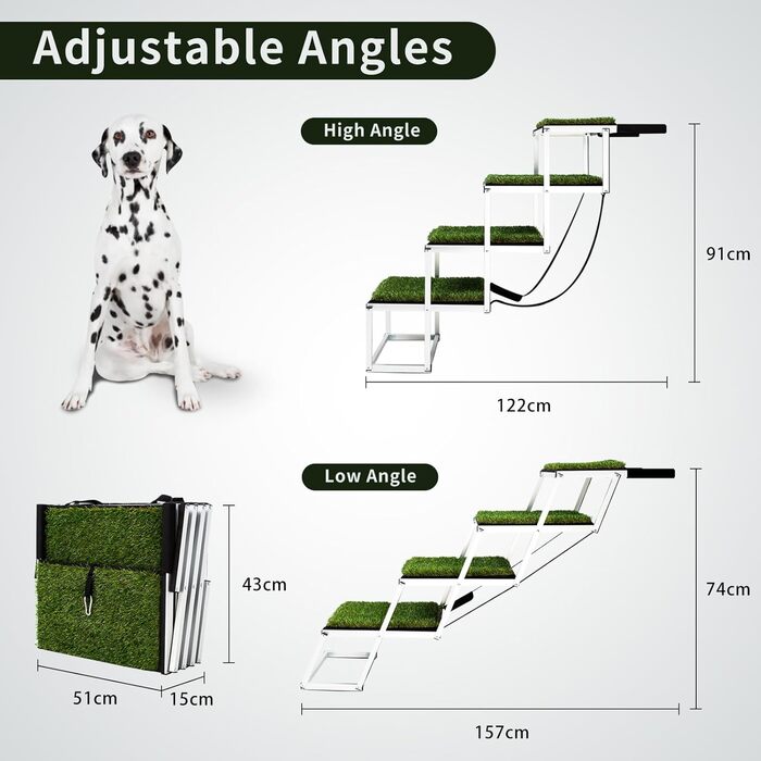 Складні сходинки для собак великих порід, портативні сходи для домашніх тварин з антиковзким покриттям, легкі сходи для собак у автомобілі, SUV, вантажівці. Сходи для собак великих порід до 80 кг (Extra Wide, 5 сходинок з травою)