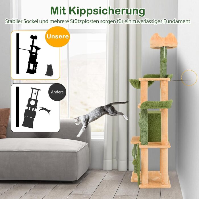 Драбина для котів COSTWAY Kaktus, 160 см, з будиночком, платформами, сизалевими стовпчиками, кошиком, дряпалкою та іграшками. Зелено-помаранчевий котячий комплекс