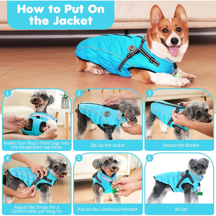 Зимовий одяг для собак HezzLuv: теплий водонепроникний одяг з LED-краваткою та світловідбиваючими смугами, розмір M, блакитний