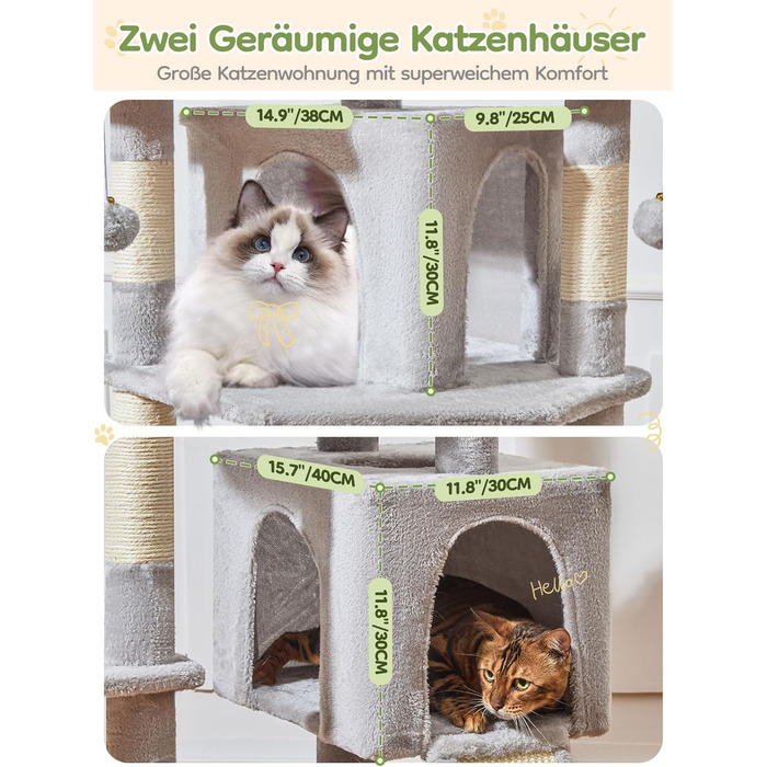 Кігтеточка Taoqimiao 193 см, велика, XXL, з будиночками, гамаком, кошиком та 7 стовпчиками для дряпання, MS047G, сірий колір