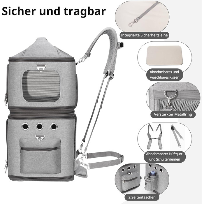 Рюкзак-переноска для котів FASNATI на 2 котів до 12 кг, сірий, для подорожей та кемпінгу