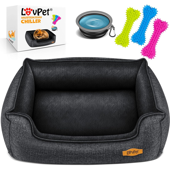 Ліжко для собак Lovpet Chiller XL, антрацит, з мискою і 3 жувальними кістками, знімний і праний чохол, 110×75×27 см, для малих, середніх і великих собак