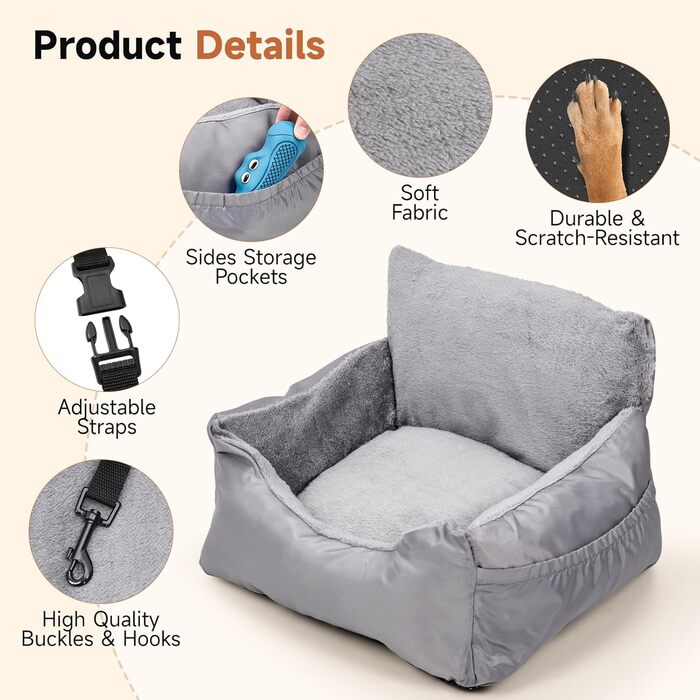 Зручний автокрісло для собак з кишенею, водонепроникне лежак для тварин, неслизьке автоліжко для маленьких собак, 55 x 50 x 35 см (Сірий)