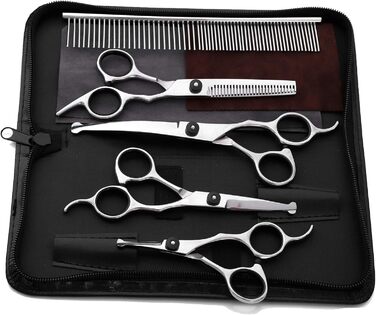 Набір професійних ножиць для грумінгу собак 9CR Edelstahl з безпечними закругленими кінцями. Комплект для догляду за шерстю собак, котів та інших тварин: ножиці для стрижки, розріджування та вирівнювання. Срібний колір.