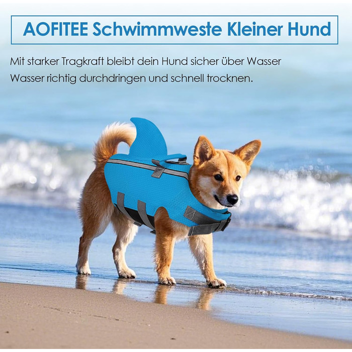 Жилет для плавання для собак AOFITEE з плавниками акули, регульований, з ручкою рятування, світловідбиваючий, синій, для малих та середніх собак