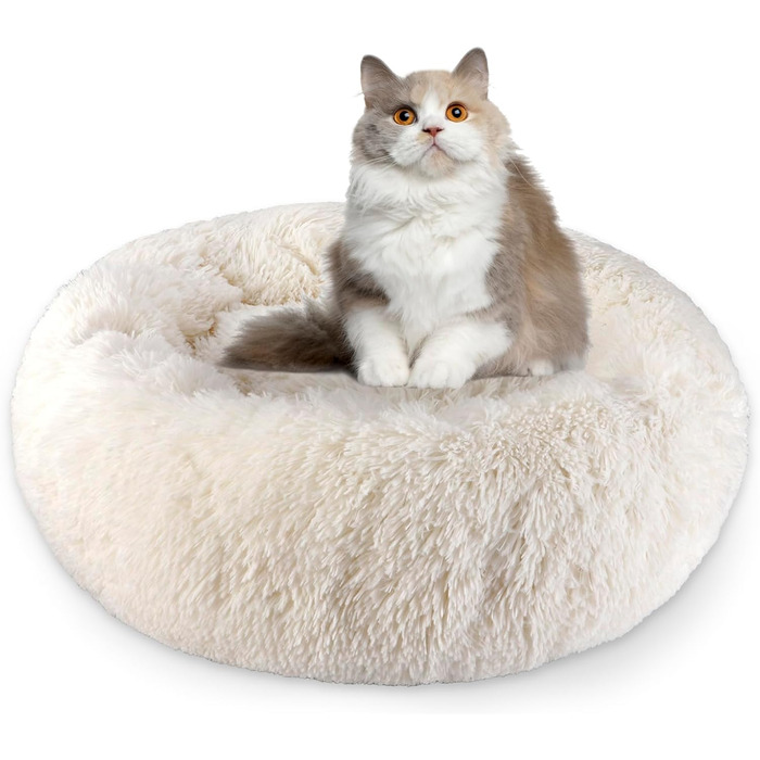 М'яке ліжко для кота Aspand, 60 см Ø - зручне та тепле місце для сну з антиковзною основою, Бежевий колір, 60x60x18 см