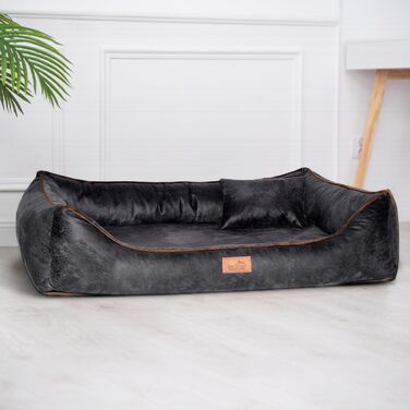 Ортопедичне ліжко для собак Tierlando® Alberto у вінтажному стилі знімний велюровий чохол, комфортне та легке у догляді | Розмір: 120x85 см | Чорний
