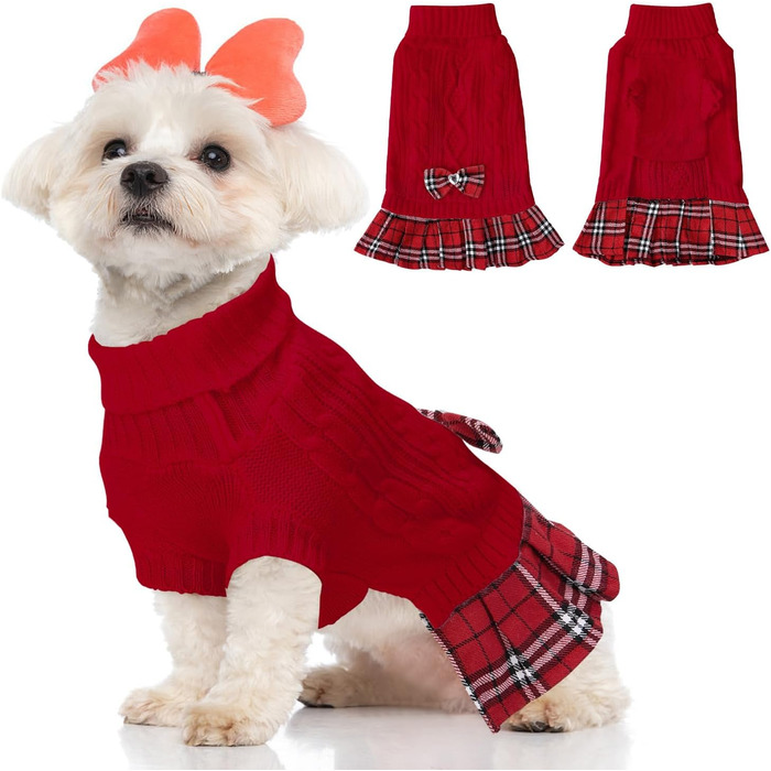 Пуловер для собак SlowTon, теплий пуловер з коміром-горловиною для маленьких та середніх собак, зимовий пуловер з отвором для повідка, червоний в клітинку, розмір S