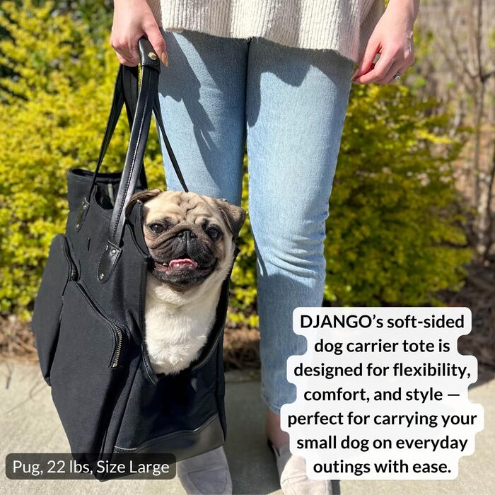Сумка-переноска для собак DJANGO - чорна, велика, з міцної тканини вощенного канвасу та шкіри, з поворотком-поводком та надійними кишенями