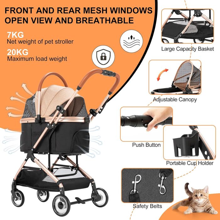 3 в 1 Візок для собак з знімним автокріслом, будки та переноски, складаний. Візок для домашніх тварин, дитячий візочок (Хакі, 20 кг)