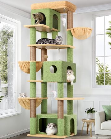 Драбина для котів Globlazer 204 см з 3 будиночками, 2 великими платформами, 3 м'якими кошиками, стабільна, для 3-5 котів, відпочинок, ігри, дряпання, зелений (XXL)