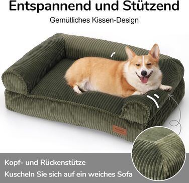 Крісло-ліжко для собак великих порід FUKUMARU, м'яке та зручне, з водонепроникним покриттям, з тканини Cord, можна прати, не ковзає, знімний чохол на блискавці, 93 x 63 x 22 см, зелене