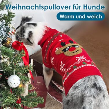 Пуловер для собак на Різдво, м'який та теплий, з відкидним коміром, для собак середнього розміру, в'язаний пуловер для осені та зими, для Французького бульдога, M (5-7 кг), червоний