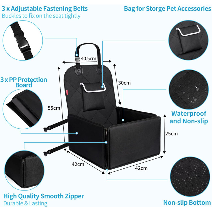 Автокрісло для собак Tamowa, чорне, для маленьких та середніх порід, на переднє та заднє сидіння, з ременем безпеки, водовідштовхувальне
