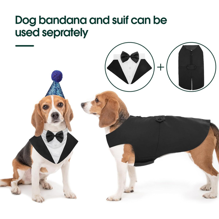Костюм для собак Kuoser з банданою, теплий халат для собак з кріпленням для краватки, костюм для цуценят для собак, сорочка для вечірки на День народження, Хелловін, весілля, S-XXL, довжина спини M: 35 см, чорний