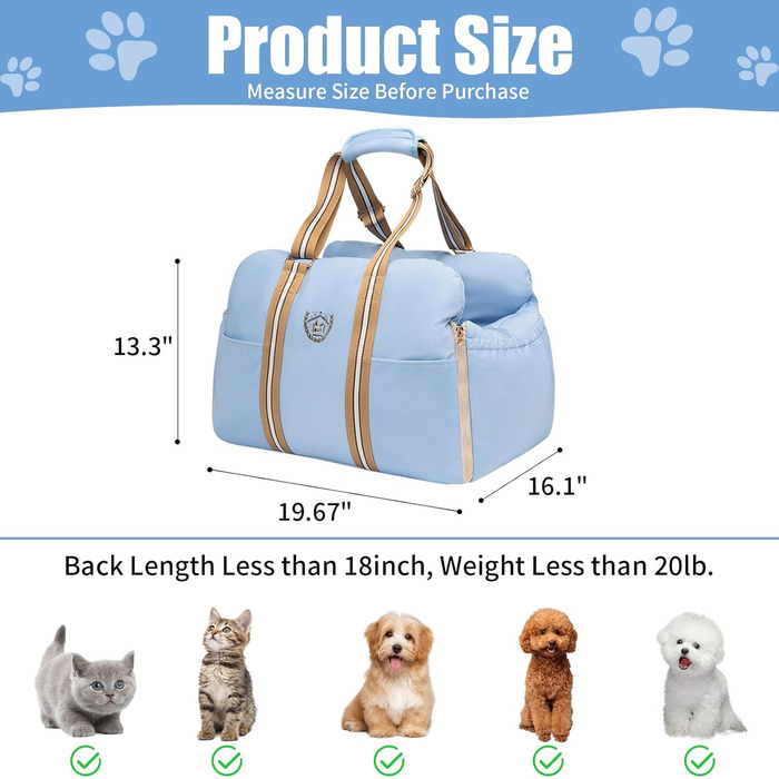 Автокрісло для собак Wakytu – підвищення для собак, водонепроникне, з кишенями для зберігання, до 9 кг, блакитне