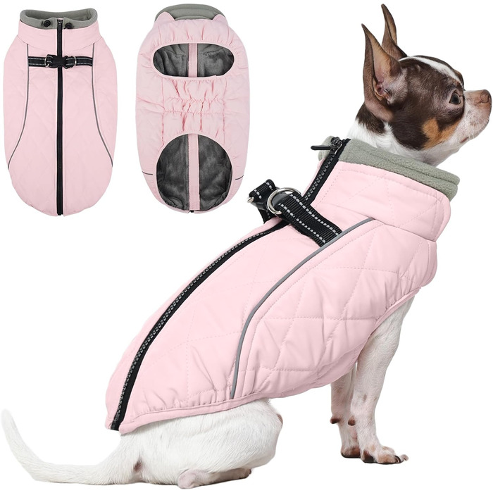 Теплий зимовий одяг для собак середнього розміру QBLEEV: водонепроникний, з інтегрованим шлейкою, відбиваючий, теплий, з блискавкою та регулюванням коміра (Рожевий, Small)