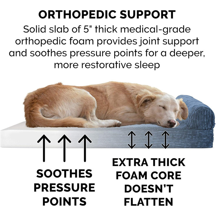 Ортопедичне ліжко для собак Furhaven Jumbo Plus/XXL: велике, з підголовником та знімним чохлом, до 56,7 кг, фліс та корд, Marineblau (135x107x24 см)