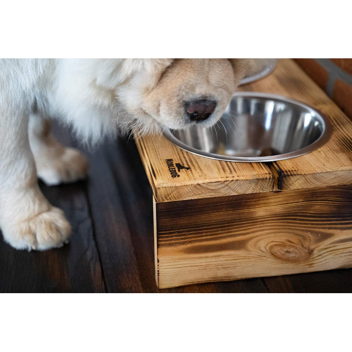 Миска для собак і котів Nobledog з кедрового дерева, станція для годування з двома мисками з нержавіючої сталі, об’єм 2×0,6 л