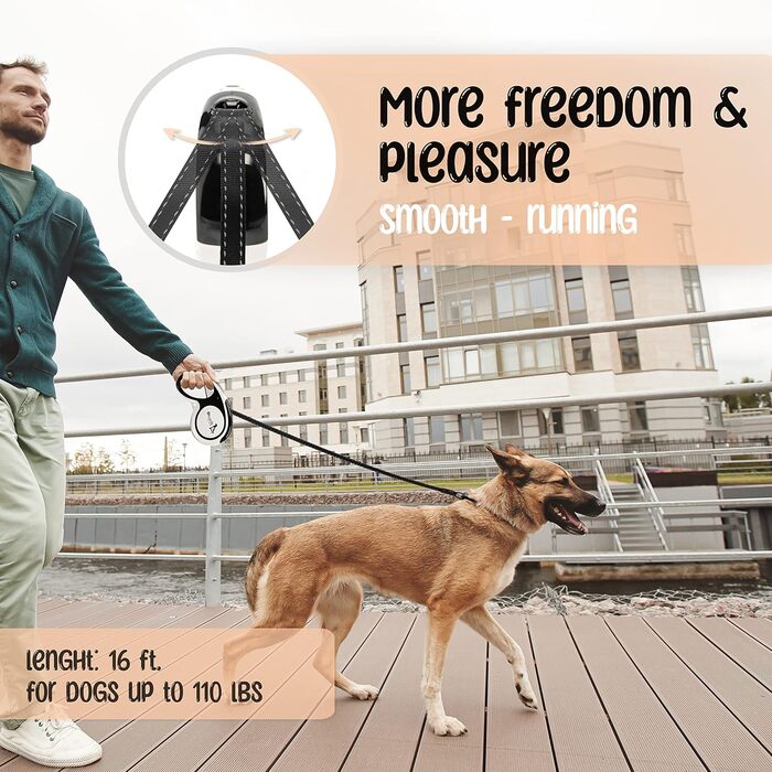 Рулетка для собак до 20 кг Bluzelle з відбиваючими смугами, 5 м, міцний карабін, найнадійніша гальма, нейлоновий ремінь, ергономічна ручка