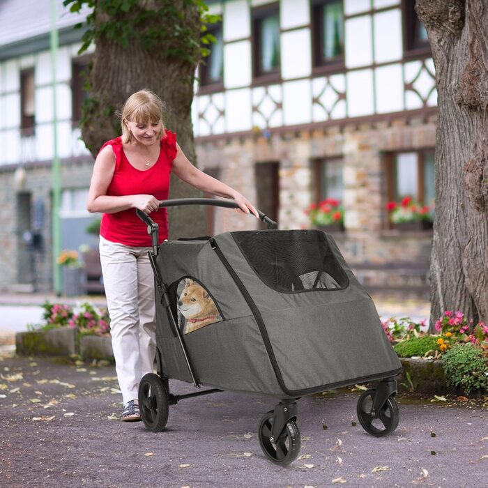 Візок для собак великих порід, подвійна ємність, візок-кі коляска для собак та дітей, складаний, 4 колеса (P04CX-Dunkelgrau)