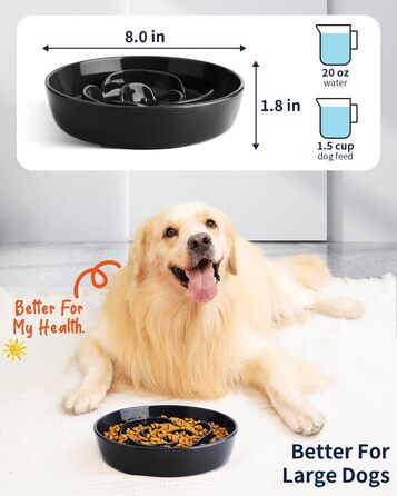Керамічна миска для собак Slow Feeder, 2 чашки, рожево-чорна, для середніх порід, сприяє звичці повільного годування, 8 дюймів