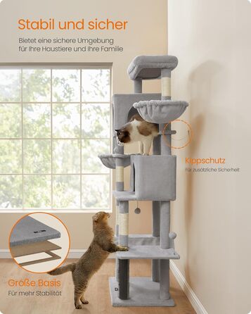 Великий багатоярусний котячий комплекс Feandrea 190,7 см, XXL, з 2 будиночками, 2 лежаками, 5 стовпчиками для дряпання, котячою щіткою, великою платформою, сірий