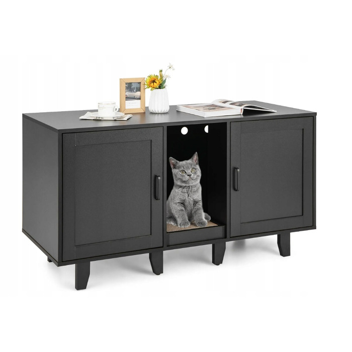COSTWAY Багатофункціональна комода 3-в-1 для котів: з лотком та дряпалкою, чорна