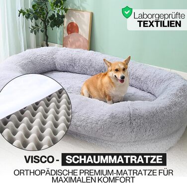 Ліжко для собак Noviclass® XXL 190 см | Ортопедичний матрац з Memory Foam | Зігріваюча ковдра та подушка | Сірий колір | Для великих собак