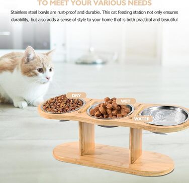 Підвищена годівниця для котів LEKEFETO з 3 мисками з нержавіючої сталі, регульована висота, дерев'яний підставник, годівниця та миска для води для котів та маленьких собак