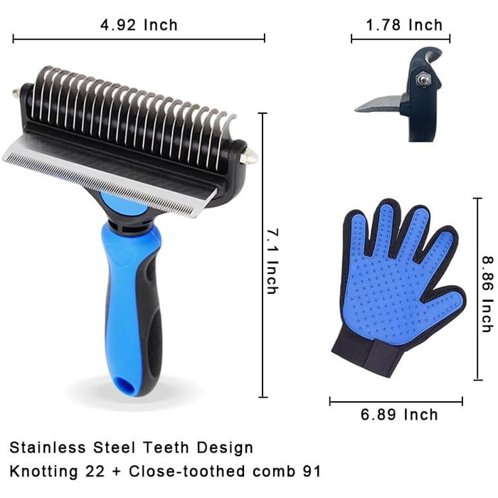 Набір для догляду за шерстю собак та котів: щітка-щітка та рукавички для вичісування, гребінець для видалення підшерстка, синій, великий