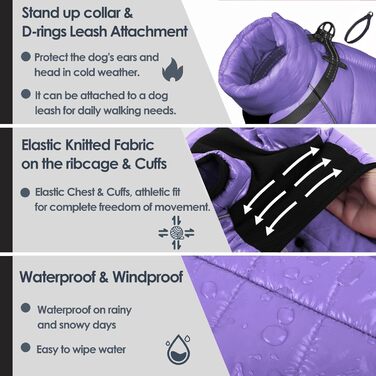 Водонепроникний зимовий теплий одяг для собак AOFITEE, куртка для маленьких та середніх собак, вітрозахисний зимовий одяг з світловідбиваючими смугами та блискавкою, комбінезон для собак з флісом, колір: фіолетовий